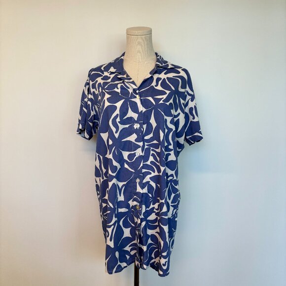 Khush Blue and White Patterned Short Sleeve Button Down Dress - Picture 1 of 3
